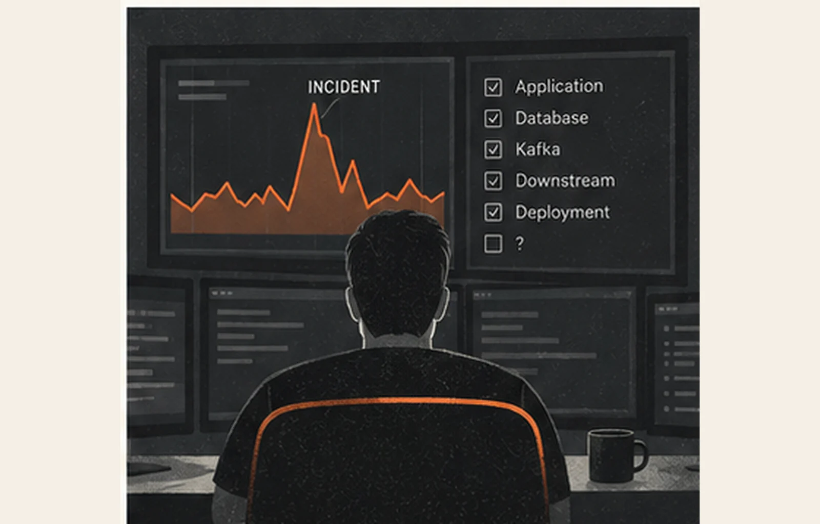 An engineer investigating a production incident across application, database, Kafka, downstream services and deployments.