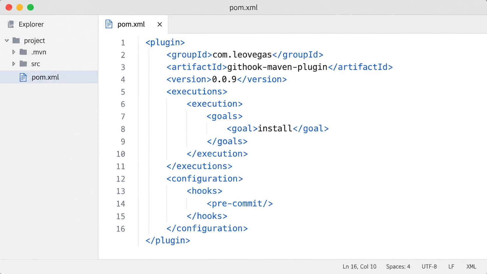 Illustrative editor view of the Git Hook Installer Maven Plugin configured in a Maven pom.xml.