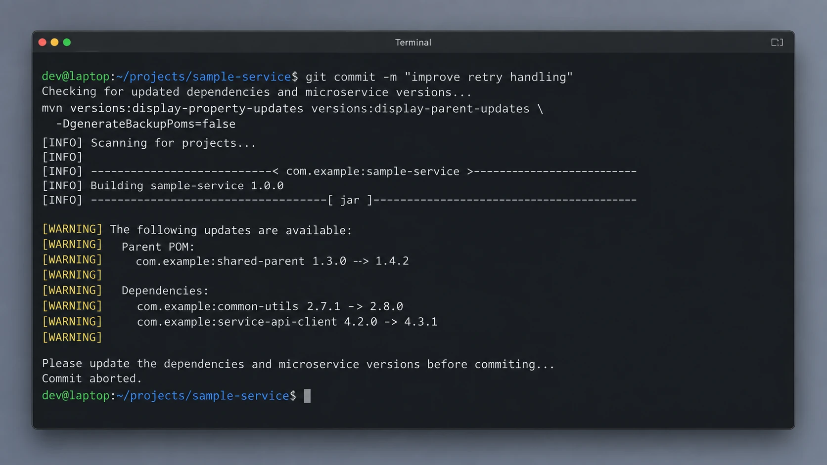 Illustrative terminal output showing a pre-commit dependency version check.