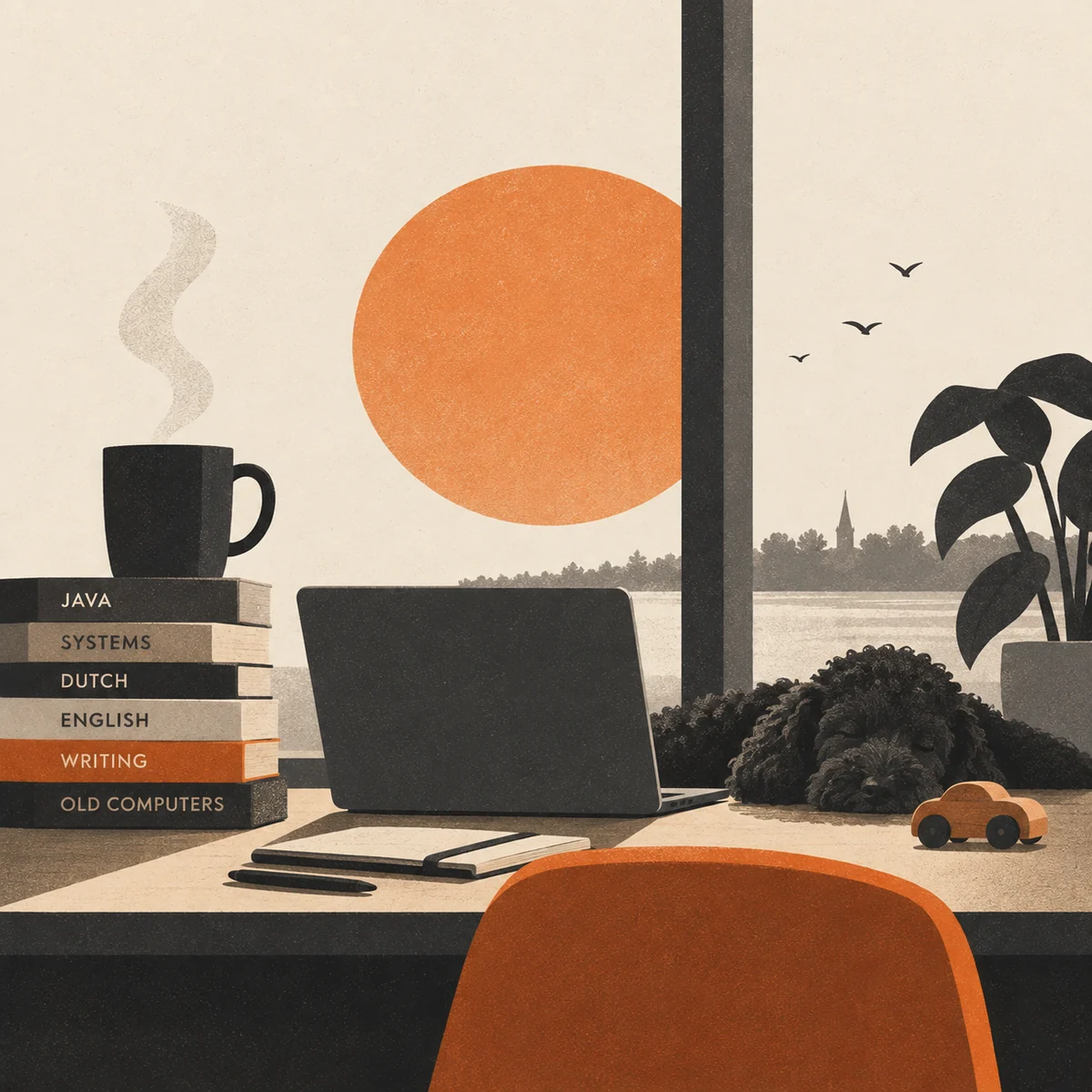 A quiet evening desk scene representing technical learning, language study, writing, and small consistent progress.