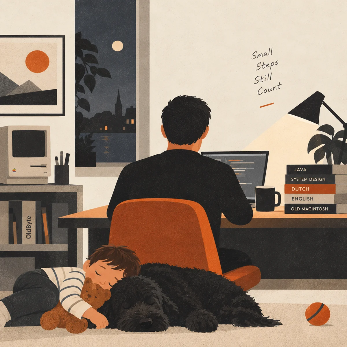 A warm nighttime home scene showing family life, Atlas resting beside Java, and steady work continuing gently in the background.