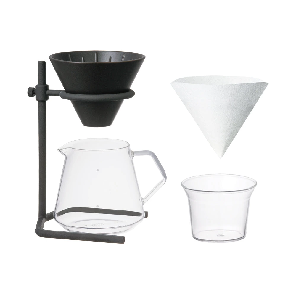 Black KINTO SCS-S04 four-cup brewer stand set with dripper, glass server, paper filter and holder