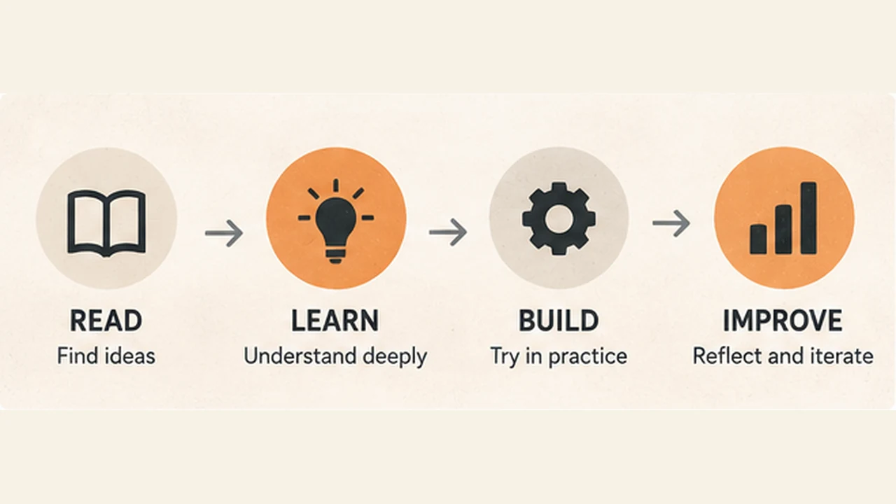 A visual learning loop moving from reading and learning to building and improving.
